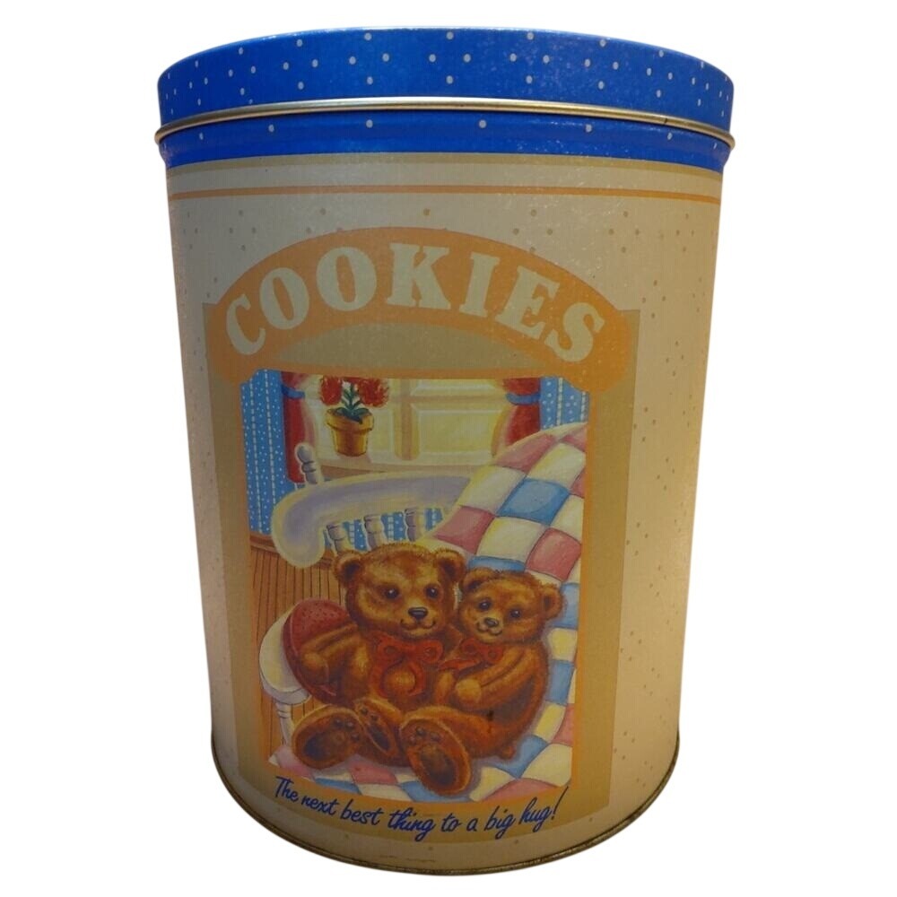 Vtg Teddy Bear Cookie Tin Canister w/Lid Collectible Retro Cottagecore Kitchen